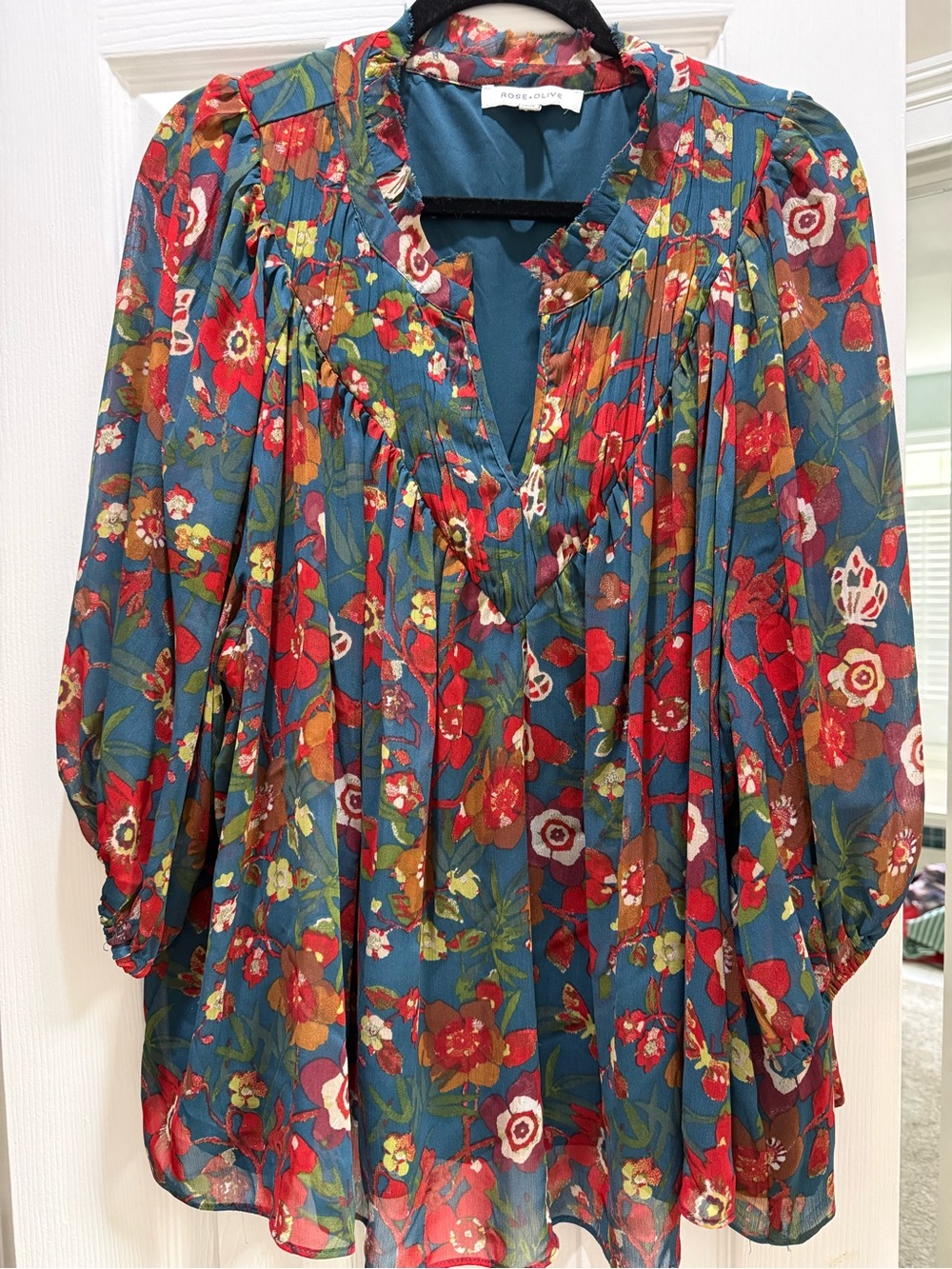 Rose & Olive Teal Floral Flowy Blouse with Red Accents